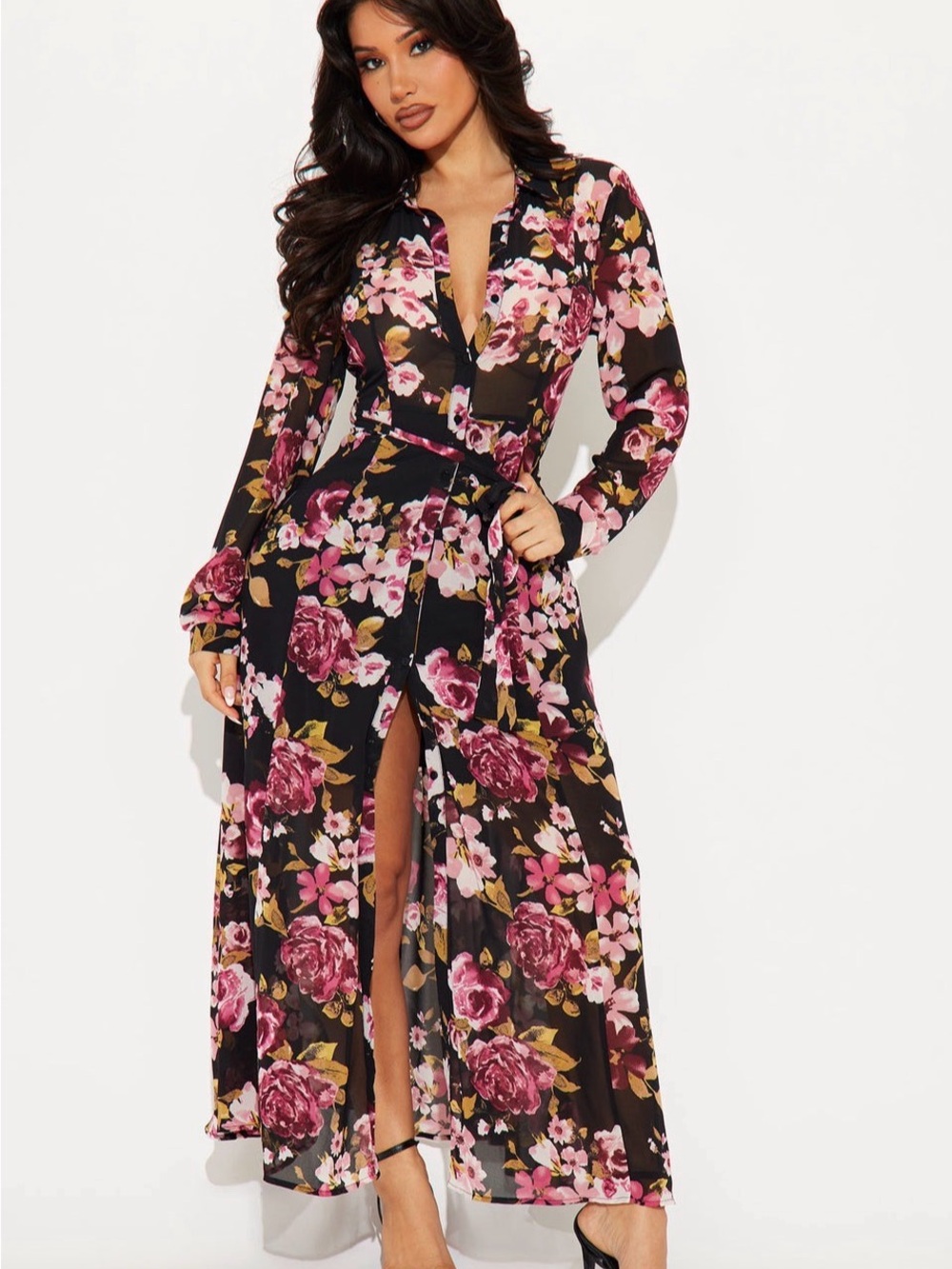 Fashion Nova Black Maxi Dress with Pink Floral Print